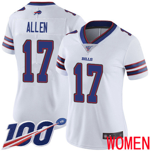 Women Buffalo Bills #17 Josh Allen White Vapor Untouchable Limited Player 100th Season NFL Jersey->youth nfl jersey->Youth Jersey